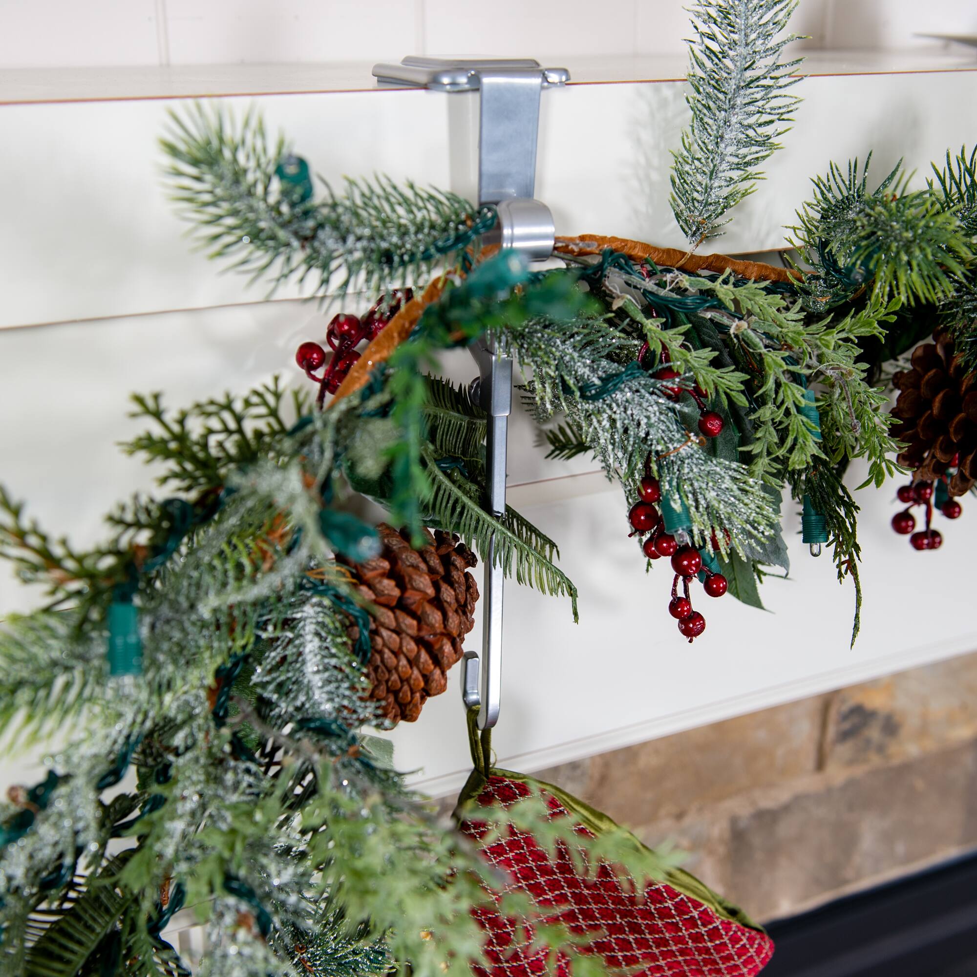 Silver Mantel Garland & Christmas Stocking Holder, 2ct.